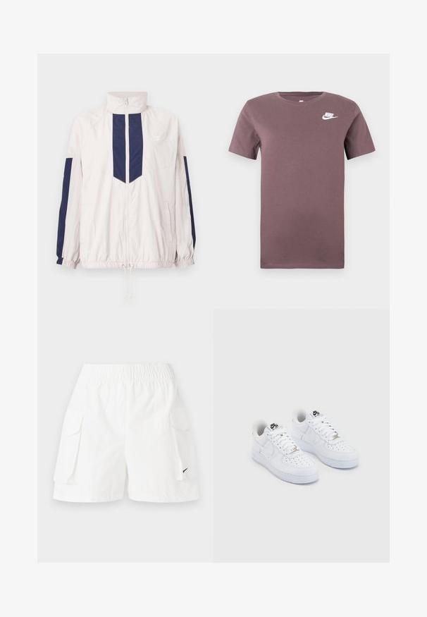 Kerge Nike vihmamantel valge ja mereväe sinises värvitoonis, millel on kõrge krae, lukuga sulgemine, elastsed varrukad ja kaks küljetaskut.; Lilla Nike lühikeste varrukatega ümardatud kaelusega t-särk, mille vasakul rinnal on valge Nike logo, lihtsa tausta ees.; Valged cargo lühikesed püksid, millel on elastne vöökoht, kaks küljetaskut ja väike must logo alumisel küljel. Kerge kangas, lõdva disainiga.; Valged Nike Air Force 1 sneakerid siledast nahast pealispinnaga, perforeeritud varbaosas, valged paelad ja must trükk keelel.