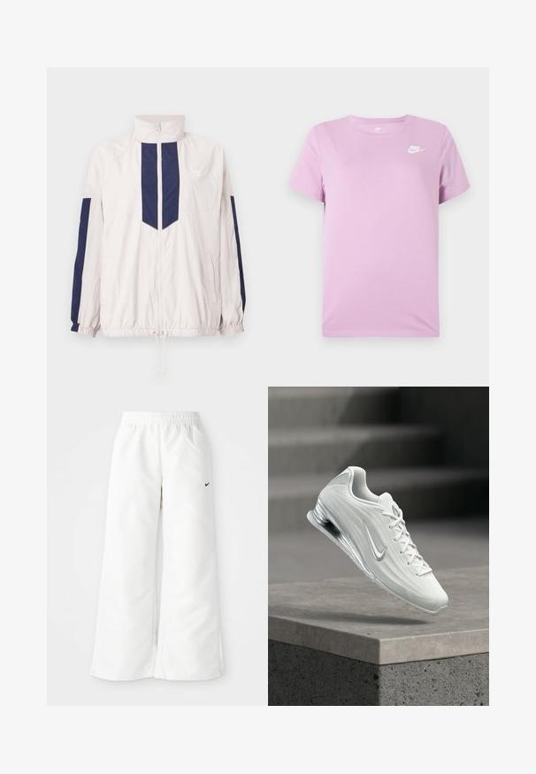 Ελαφριά αθλητική ζακέτα Nike σε λευκό και ναυάλι, με ψηλό κολάρο, φερμουάρ, ελαστικές μανσέτες και δύο πλευρικές τσέπες.; Λιλά κοντομάνικο μπλουζάκι της Nike με λευκό λογότυπο της Nike στην πάνω αριστερή πλευρά του στήθους, στρογγυλή λαιμόκοψη και απλό φόντο υφάσματος.; Λευκά αθλητικά παντελόνια με σχέδιο φαρδιάς γραμμής, ελαστική μέση και μικρό μαύρο λογότυπο Nike στη αριστερή πλευρά. Λείο, ελαφρύ υλικό.; Λευκό αθλητικό παπούτσι Nike με ασημί λογότυπο swoosh, σόλα με αερόσολα και κορδόνια, εμφανίζεται να αιωρείται πάνω από ένα μπλοκ από μπετόν.