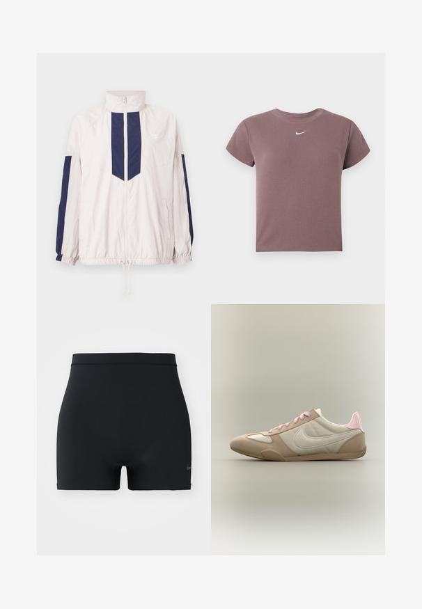Leichte Nike Windjacke in Weiß und Marineblau, mit hohem Kragen, Reißverschluss, elastischen Bündchen und zwei Seitentaschen.; Mauve geripptes Kurzarm-Crop-Top mit Rundhalsausschnitt und kleinem weißen Nike-Logo zentriert unter dem Ausschnitt.; Schwarze Sportshorts aus glattem, elastischem Material, mit einem mittelhohen Bund und einem kleinen Nike-Logo auf der linken Seite.; Niedrig geschnittener beige-weißer Sneaker mit pinken Schnürsenkeln und Fersen-Akzent, zeigt das Nike-Logo an der Seite vor einem einfarbigen Hintergrund.