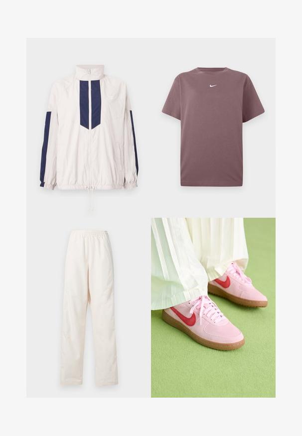 Lichte Nike windjack in het wit en marineblauw, met een hoge kraag, ritssluiting, elastische manchetten en twee zijzakken.; Effen mauve korte mouwen crewneck t-shirt met een klein wit Nike swoosh op de borst, weergegeven op een witte achtergrond.; Loszittende, crèmekleurige broek met elastische taille en een rechte pijp, weergegeven tegen een effen witte achtergrond.; Roze suède sportschoenen met een rood logo en bijpassende veters. De zool is van lichtbruin rubber. Draag ze met witte geplooide broeken op een groene ondergrond.