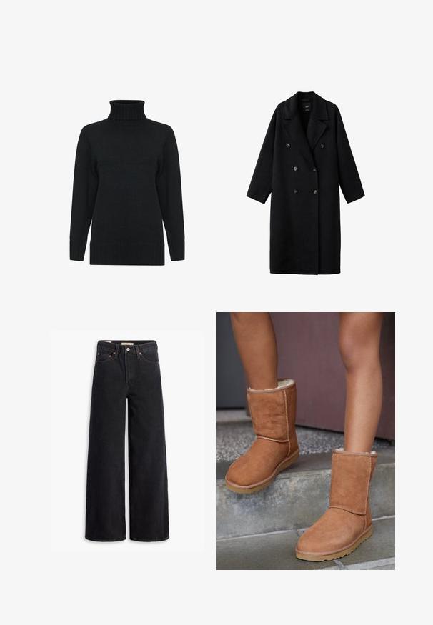 Manteau noir à double boutonnage en laine. Caractéristiques : col à revers, manches longues et grands boutons ronds. Texture lisse, longueur jusqu'aux genoux.; Pull à col roulé noir en maille texturée, doté de manches longues et de finitions côtelées aux poignets et à l'ourlet. Design simple et classique.; Jean noir à jambe large en denim, comportant cinq poches, des rivets en laiton et une fermeture à bouton classique. Texture lisse avec un design épuré.; Bottines en suede marron, à bout rond, avec une doublure douce et une semelle en caoutchouc, présentant des détails de couture visibles le long des coutures.
