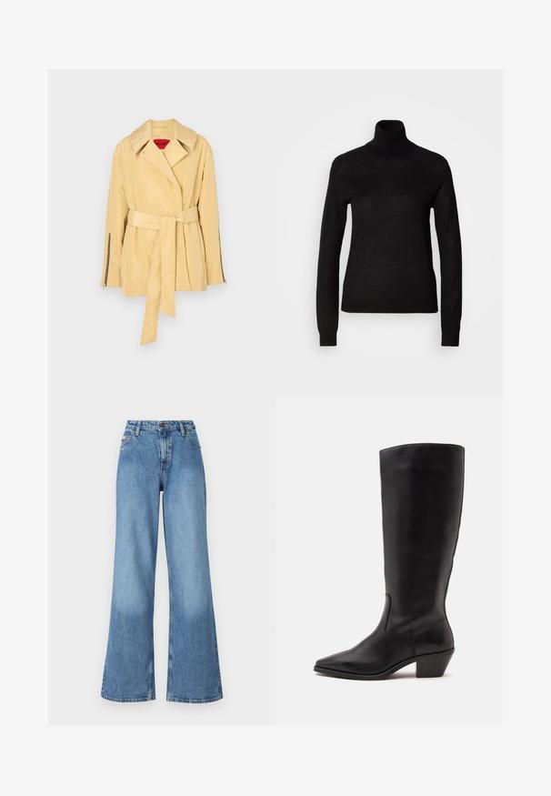 Lysegul, bæltejakke med bred krave, lange ærmer og lynlåse ved håndleddene. Fremstillet af et glat, skinnende materiale.; Sort turtleneck sweater lavet af et let strikket stof. Har lange ærmer og en tætsiddende silhuet med raglan-sømme.; Højtsiddende brede blå denimbukser med forlommer, bæltestropper og knap- og lynlåslukning.; Sort læderstøvle til midtkalv med spids tå og lavt skråt hæl på en enkel lys baggrund.