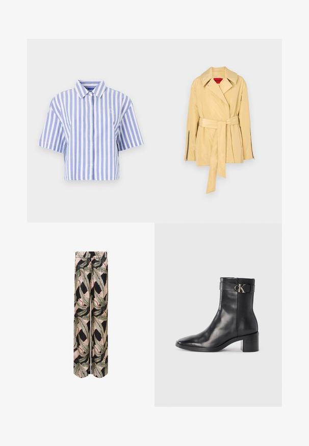 Veste jaune clair ceinturée avec un large col, des manches longues et des poignets zippés. Fabriquée dans un matériau lisse et brillant.; Chemise à manches courtes coupée, rayée verticalement en bleu clair et blanc, avec devant boutonné, col classique, tissu doux et texturé.; Pantalons palazzo avec une base noire ornée d'un motif de feuilles audacieux en vert, beige et rouge, dotés d'une taille élastique pour le confort.; Botte de cheville en cuir noir avec un bout pointu, un talon carré et une sangle avec un détail de logo métallique. Texture lisse et design minimaliste.
