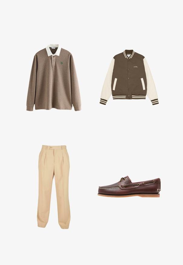 Veste universitaire marron et crème avec col et poignets côtelés rayés, fermeture à boutons-pression, poches latérales, et détail de logo brodé.; Chemise de rugby à manches longues à carreaux marron avec col blanc et logo "N" vert brodé sur le côté gauche de la poitrine.; Pantalons beiges ajustés avec plis sur le devant, fermeture par bouton et chevilles fuselées, fabriqués à partir d'un matériau léger. Texture lisse et coupe droite.; Chaussure bateau en cuir marron avec coutures blanches, détails de lacets et semelle en caoutchouc beige, vue de côté sur fond blanc.