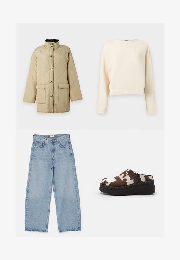 Beige gesteppte Jacke mit hohem Kragen, ausgestattet mit vier Fronttaschen, braunen Knöpfen und einem weichen schwarzen Innenfutter.; Cremefarbener, langärmliger, kurzer Pullover mit rundem Ausschnitt, aus feinem, geripptem Strickstoff gefertigt.; Agolde Baggy Jeans - light-blue denim; Braune und weiße Kuhfell-Print-Plateausandalen mit einem weichen Obermaterial, abgerundeter Zehenpartie und einer robusten schwarzen Gummisohle. Nahtdetail an der Unterseite.
