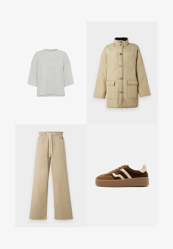 Beige quiltet jakke med høj krave, der har fire frontlommer, brune knapper og en blød sort inderside.; Lys grå, kortærmet top lavet af blød stof. Har en rund halsudskæring og subtile sømdetaljer foran. Regular fit.; Beige viddebenede bukser lavet af bomuld med elastisk talje og snøre. Har to sidelommer og en glat tekstur.; Brun ruskind sneaker med beige striber, beige hælkappe, tyk gummisål og snørelukning, sidevisning på ensfarvet baggrund.