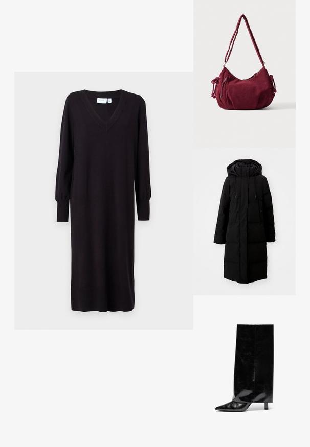 Abrigo acolchado negro de diseño largo, con cremallera completa y capucha. Cuenta con cordones ajustables y dos bolsillos frontales. Textura suave.; Vestido negro de punto con mangas largas, escote en V y puños acanalados. Corte recto sin patrones o acentos visibles. Textura suave.; Botín de cuero negro hasta el tobillo con punta afilada y tacón cuadrado, que presenta un caña alta y brillante y un acabado texturizado en la parte inferior.; Bolso de hombro de pana en color granate suave con correa ajustable, cierre de cremallera, lazos laterales y un bolsillo delantero con cremallera.