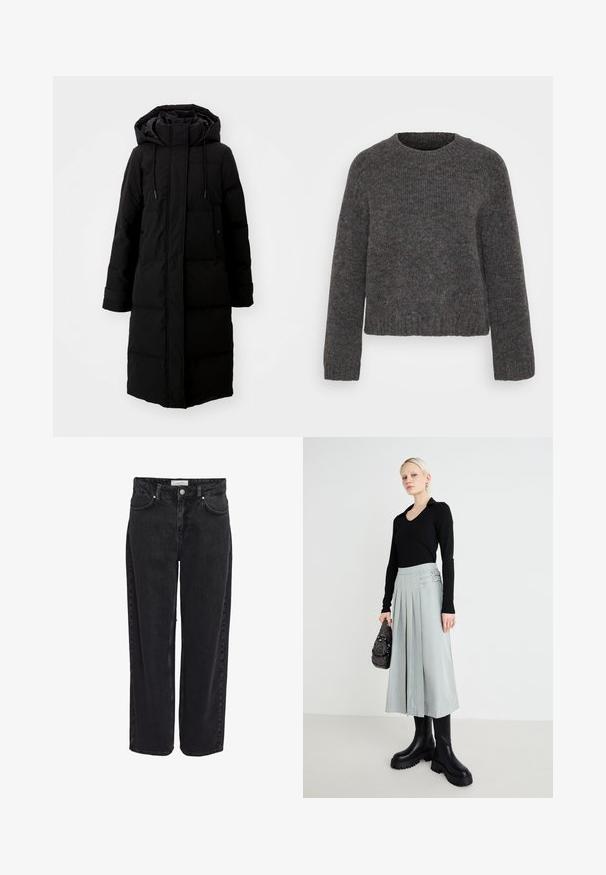 Sort polstret frakke med lang design, fuld lynlås og hætte. Har justerbare snoretræk og to forlommer. Glat tekstur.; Grå strikket sweater med rund halsudskæring, lange ærmer og ribbestrikkede manchetter og kant. Teksturen ser blød ud, og stoffet er let spraglet.; Sort denim bukser med vide ben og høj talje, fem-lomme design og lynlåsgylp. Glat tekstur med minimale synlige syningsdetaljer.; Sort langærmet top, lys grå plisseret nederdel med dobbelte spænde detaljer, og sorte chunky-såle støvler; sølv- håndtaske med dekorationer.