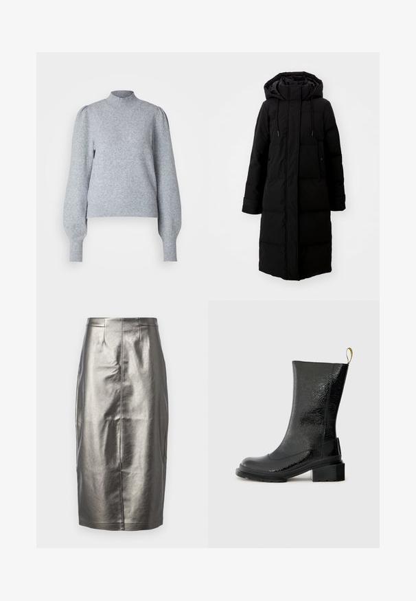 Manteau noir rembourré au design long, fermeture éclair intégrale et capuche. Il dispose de cordons de serrage réglables et de deux poches avant. Texture lisse.; Pull en maille gris clair avec un col haut, de longues manches bouffantes et des poignets et un ourlet côtelés. Fait d'un tissu doux et texturé.; Jupe crayon argentée métallisée en matériau lisse et brillant. Avec une taille haute, une fente arrière et des détails de couture au centre.; Bottine noire en matériau texturé brillant. Elle possède un talon épais et une languette à l'arrière pour un enfilage facile.