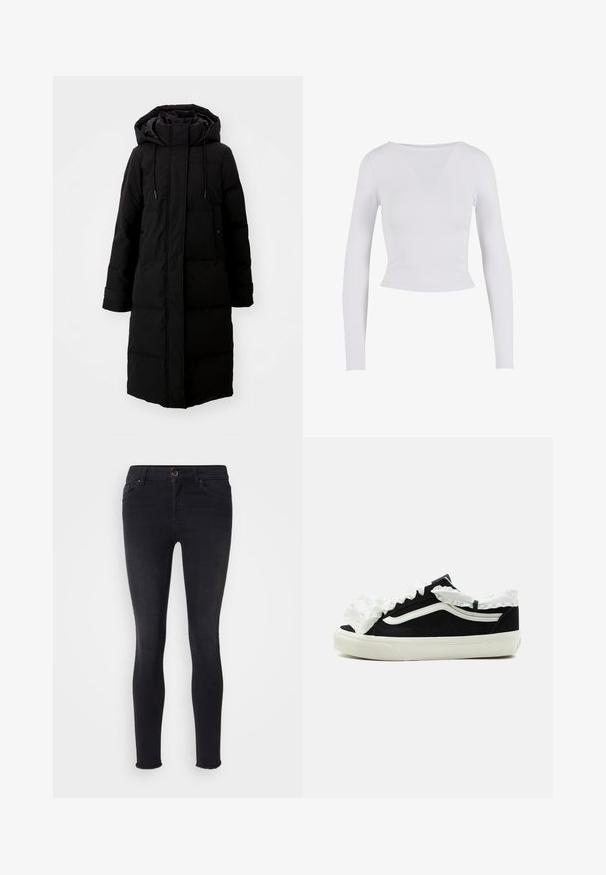Sort polstret frakke med lang design, fuld lynlås og hætte. Har justerbare snoretræk og to forlommer. Glat tekstur.; Hvid langærmet cropped top med rund halsudskæring, lavet af et glat, strækbart stof, med en tætsiddende pasform og ingen synlige lukninger.; Sorte skinny jeans i denim-materiale med en mellemhøj talje, frontlommer og en rå kant ved anklerne. Klassisk fem-lomme design.; Sort lavtop-sneaker med hvid sål, hvid stribe på siden og dekorativt hvidt flæset stof langs tungen og ankleranden.