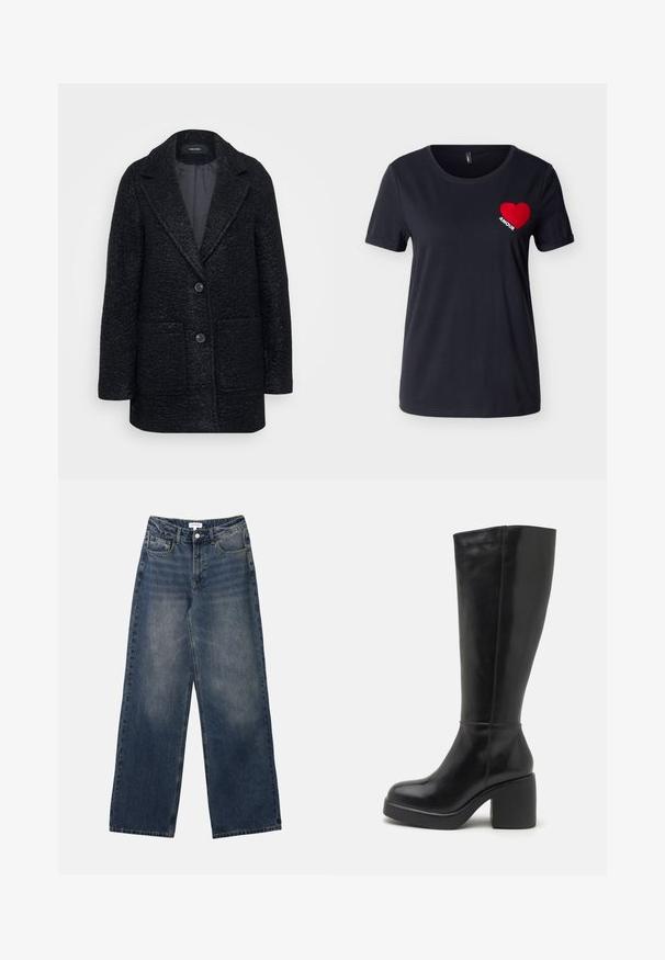 Schwarzer, strukturiert Wollmantel mit Reverskragen, zwei Fronttaschen und einer Zweiknopf-Leiste. Das gefütterte Innere sorgt für zusätzliche Wärme.; Schwarzes T-Shirt mit kurzen Ärmeln und rundem Ausschnitt, mit einem roten Herz und dem Wort "AMOUR" auf der linken Brustseite.; Herrenhohe-taillierte blaue Jeans aus Denim mit weitem Bein, vorderem Knopf und Reißverschluss sowie Vorder- und Gesäßtaschen.; Zign LEATHER - High Heel Stiefel - black