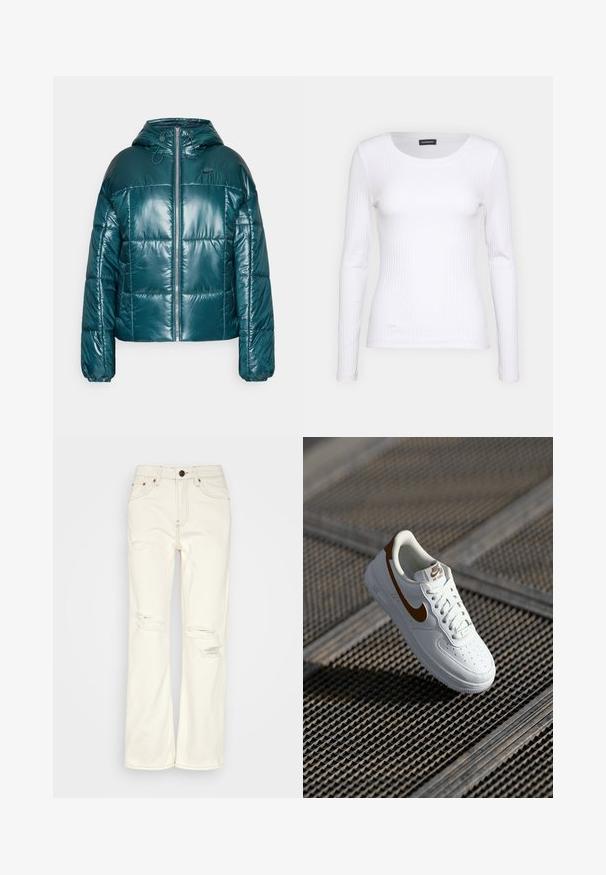 Chaqueta de plumas de color verde azulado con un acabado brillante, que cuenta con capucha, cremallera frontal y puños elásticos. Capturada en una vista frontal.; Top de manga larga blanco con cuello redondo. Fabricado en una tela elástica que se ajusta al cuerpo. Presenta sutiles líneas horizontales.; BDG Urban Outfitters STRAIGHT - Vaqueros rectos - ecru; Zapatilla blanca de cuero con perforaciones, logo Nike en marrón y cordones. Cuenta con suela texturizada y cuello acolchado.