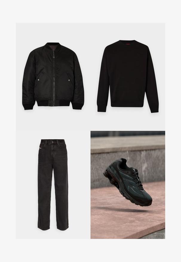 Veste bomber noire avec une fermeture éclair à l'avant, des poignets côtelés et deux grandes poches latérales. Présente une texture lisse et mate ainsi qu'un col rond.; Sweatshirt noir en tissu doux, présentant un col rond, des poignets et un ourlet côtelés, avec un logo subtil sur la poitrine.; Pantalons en denim noir à jambes larges avec taille haute, fermeture à bouton à l'avant, deux poches latérales et détails de coutures subtils.; Baskets athlétiques noires avec une semelle intercalaire à coussin d’air visible flottant au-dessus d’une surface en pierre rose avec un mur en pierre gris en arrière-plan.