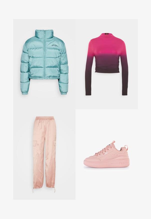 Lyhyt, pörröinen takki vaaleansinisessä, kiiltävästä kankaasta. Varustettu korkealla kauluksella, vetskari-closurella ja brodeeratulla logolla rinnassa.; Zign Studio TENCEL ™ LONG SLEEVE GATHERING - Pitkähihainen paita - pink; Even&Odd Reisitaskuhousut - pink; Vaaleanpunaiset lenkkarit, joissa on sileä synteettinen päällinen, pyöreä varvasmuotoilu, teksturoidut yksityiskohdat ja paksu alustapohja. Sisältää nauhat ja logoyksityiskohtia.