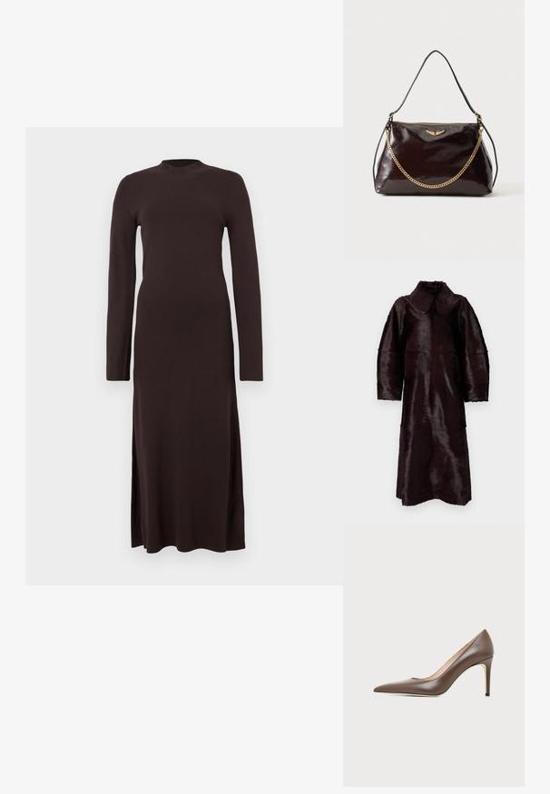 Manteau long en fausse fourrure brun foncé avec grand col et manches longues, présenté suspendu sur un fond blanc.; Robe en tricot marron à manches longues avec un col haut et des fentes sur les côtés. Texture lisse et silhouette ajustée. Design simple et minimal.; Chaussure à talon haut en cuir marron à bout pointu avec un talon aiguille fin et une finition lisse sur un fond clair.; Sac à main en cuir brillant marron foncé avec un emblème en forme d'aile dorée, détail de chaîne dorée et une fine bandoulière en cuir sur un fond uni.