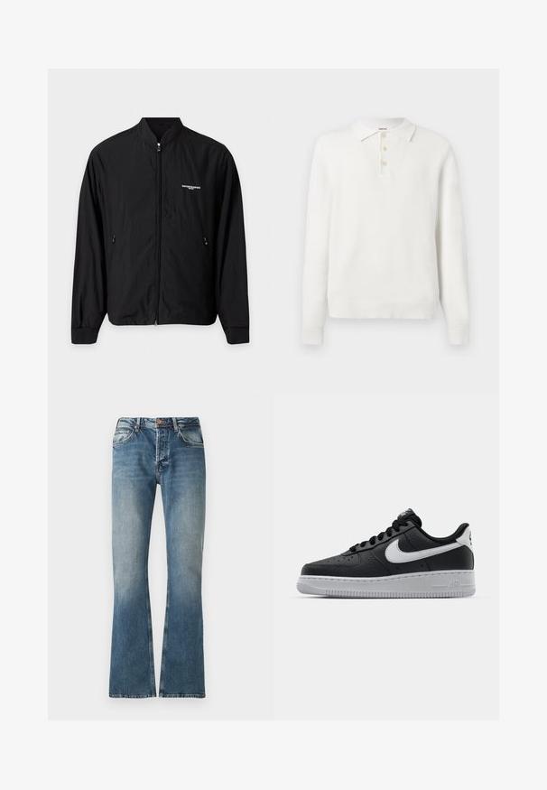 Mustaa kevyt vetoketjutakki, jossa pystykaulus, kaksi sivutaskua ja pieni valkoinen Emporio Armani -logo vasemmassa rinnassa.; Valkoinen pitkähihainen neulepolo, jossa on kaulus ja kolme vaaleaa nappia nappilinjassa, esiteltynä yksinkertaisella vaalealla taustalla.; Sininen farkkutakki, jossa on haalistunut vaikutus, suora lahkeensuukaitale, nappi- ja vetoketjukiinnitys sekä viisi taskua.; Musta nahkakengät, joissa on teksturoitu pinta, valkoinen Nike -logo, harmaa pohja, pyöreä kärki ja nauhakiinnitys. Varustettu rei'illä kärkilaatikossa.