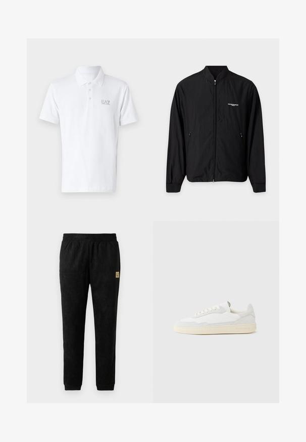 Čierna ľahká bunda na zips so stojatým golierom, dvoma bočnými vreckami a malým bielym logom Emporio Armani na ľavej strane hrude.; Biela polo tričko vyrobené z bavlny. Obsahuje klasický golier, trojité zatváranie na gombíky a svetlo šedé logo EA7 na hrudi. Krátke rukávy.; Čierne velúrové jogger nohavice s elastickým pásom, zakončené na kotníku, bočnými vreckami a malou béžovou nášivkou EA7 Emporio Armani na stehne.; Biela teniska s jemne štruktúrovaným zvrškom zo semišu a kože. Má zaoblenú špičku, viazanie na šnúrky a kontrastnú béžovú gumovú podrážku.