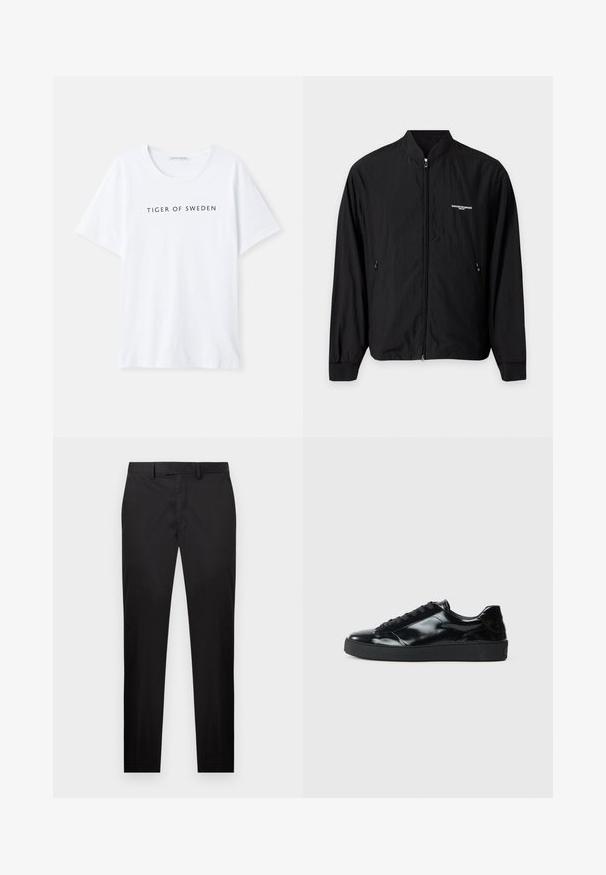 Leichte schwarze Jacke mit Reißverschluss, Stehkragen, zwei seitlichen Taschen und kleinem weißen Emporio Armani Logo auf der linken Brust.; Weißes T-Shirt mit rundem Halsausschnitt und kurzen Ärmeln. Schwarzer Text mit der Aufschrift "TIGER OF SWEDEN" zentral auf der Vorderseite. Glatte Stofftextur.; Schwarze, schmal geschnittene Hose mit Gürtelschlaufen, vorderem Knopf- und Reißverschluss sowie seitlichen Taschen, dargestellt vor weißem Hintergrund.; Schwarze Lackledersneaker mit runder Zehenform, Schnürdesign, strukturiertem Gummisohle und glatter Oberfläche.