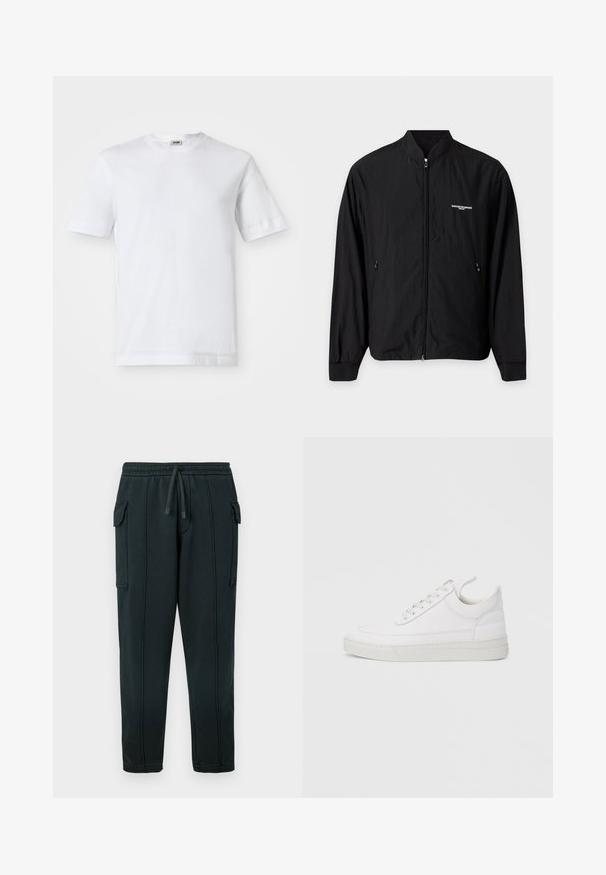 Mustaa kevyt vetoketjutakki, jossa pystykaulus, kaksi sivutaskua ja pieni valkoinen Emporio Armani -logo vasemmassa rinnassa.; Valkoinen puuvillapaita, jossa on lyhyet hihat, pyöreä kaula-aukko ja sileä pinta. Kuvioita tai koristeita ei ole näkyvissä.; Musta collegehousut, joissa kiristysnauhavyötärö, sivutaskut, kuormitustasku ja näkyvät saumat. Pehmeää kangasta ja rento malli.; Valkoinen nahkainen lenkkarit, joissa on pyöreä varvas, tasainen pohja ja nauhat edessä. Mallissa on ompelutaitoja ja pehmustettu kaulus mukavuutta varten.