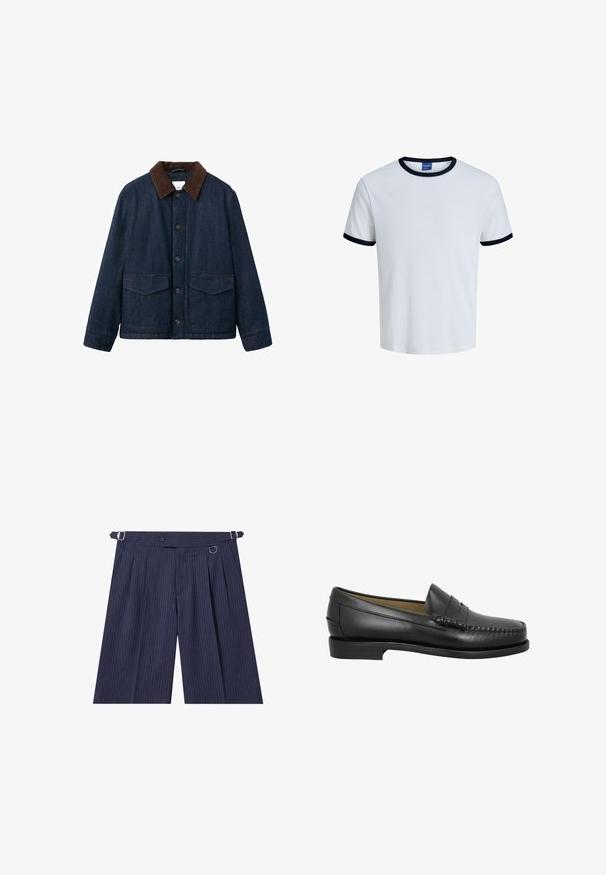 Denimjakke med en mørkeblå finish, brun manchesterkrave, knaplukning og to forlommer med påsyede lommer. Har et klassisk design.; Hvid t-shirt med korte ærmer med sort kant ved halsudskæring og ærmekanter, vist på en ensfarvet hvid baggrund.; Marineblå viddebukser med stribede mønstre, justerbare sidespænder, forreste knaplukning og plisserede detaljer.; Sorte læder loafersko med en rund tå, dekorativ syning og en lav, flad sål. Glat tekstur, minimalistisk design uden udsmykninger.