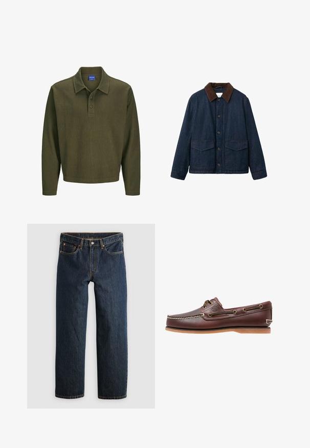 Spijkerjasje met een donkerblauwe afwerking, bruine ribfluwelen kraag, knoopsluiting en twee opgestikte zakken aan de voorkant. Heeft een klassiek ontwerp.; Olijfgroen polo shirt met lange mouwen, gemaakt van gestructureerde stof. Heeft een kraag, een drieknoopsluiting en een ontspannen pasvorm.; Donkerblauwe denim jeans met een rechte pijp. Voorzien van vijf zakken, contrasterende stiksels en een knoopsluiting in de taille.; Bruine leren bootschoen met witte stiksels, veterdetails en beige rubberen zool, zijaanzicht op een witte achtergrond.