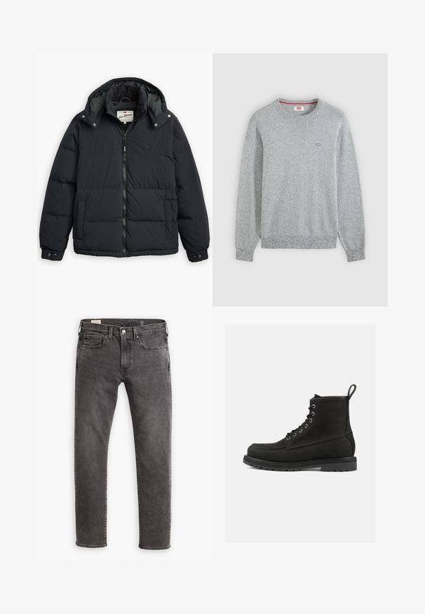 Sort pufferjakke med aftagelig hætte, lynlås foran, sidelommer og elastiske manchetter. Har quiltede paneler til isolering og varme.; Lysegrå tekstureret strik crewneck sweater med lange ærmer og en lille Levi's-logo på venstre bryst.; Grå denimjeans med lige pasform, fem-lomme design og knaplukning. Har subtil falmning og tonalt syning over hele. ; Sorte læder ankelstøvler med rund tå, snørebånd, metaløjer og en struktureret gummisål. Har en dekorativ træksløjfe.