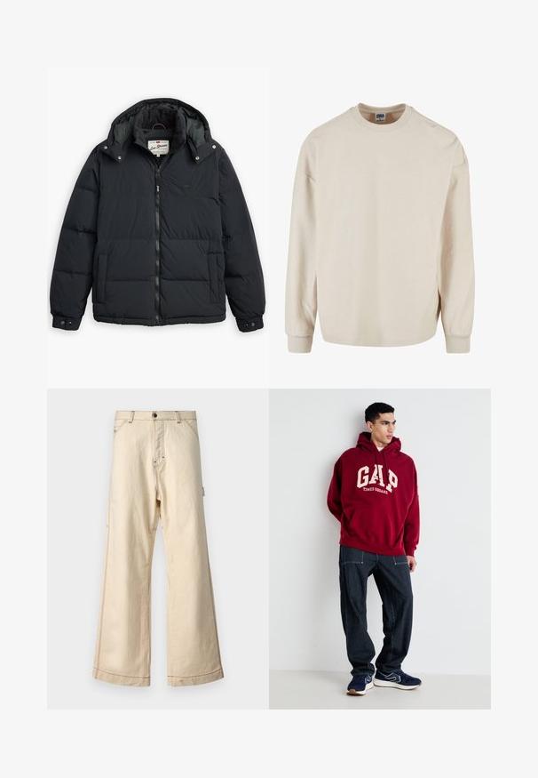 Schwarze Daunenjacke mit abnehmbarer Kapuze, Reißverschluss vorne, seitlichen Taschen und elastischen Bündchen. Verfügt über genähte Einsätze für Isolation und Wärme.; Beige gestreifter Langarm-Sweatshirt mit Rundhalsausschnitt, ausgestattet mit überschnittenen Schultern und gerippten Bündchen. Weiche Textur und lockere Passform.; Beige weit geschnittene Hose aus Baumwolle mit einem Reißverschluss und Knopfverschluss, mit kontrastierenden Nähten und Seitentaschen.; Bordeauxfarbener Kapuzenpullover mit "GAP" und "TIMES SQUARE" in Creme aufgedruckt, kombiniert mit navyblauen gestreiften Hosen und navyblauen Sneakern mit weißen Akzenten.