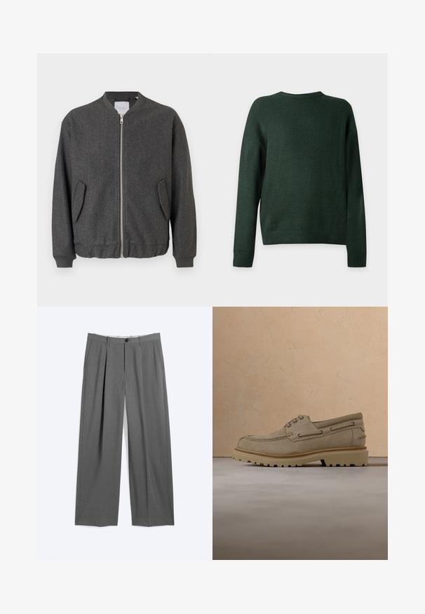 Veste bomber grise avec un col haut, fermeture éclair à l'avant et deux poches latérales. Fabriquée dans un tissu texturé en mélange de laine. Manches et ourlet côtelés.; Pull en maille vert foncé à manches longues avec un col rond et des poignets et ourlet côtelés, présenté de dos sur un fond uni.; Pantalon formel gris avec jambes droites, plis à l'avant, poches latérales, passants pour ceinture et fermeture devant par bouton et glissière.; Chaussure décontractée beige en daim à lacets avec une semelle épaisse et rainurée, présentée en suspension au-dessus d'une surface texturée beige assortie et d'un arrière-plan.