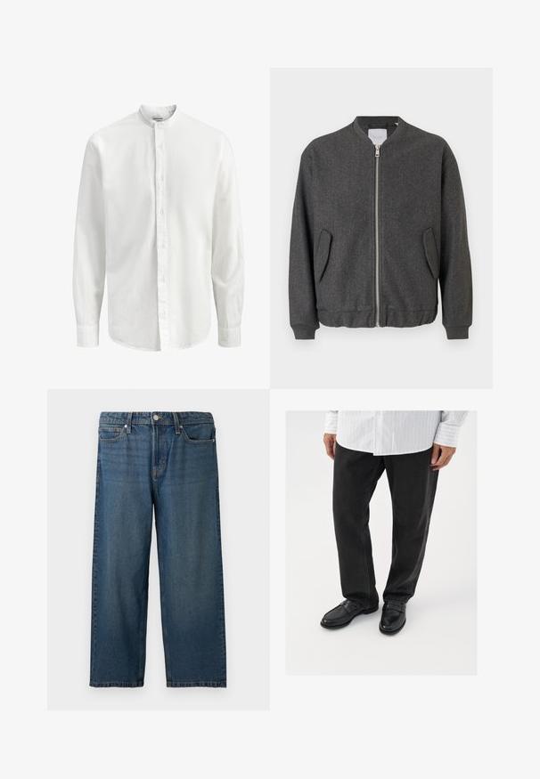 Veste bomber grise avec un col haut, fermeture éclair à l'avant et deux poches latérales. Fabriquée dans un tissu texturé en mélange de laine. Manches et ourlet côtelés.; Chemise blanche à manches longues avec col mao et fermeture à boutons sur le devant, présentant un tissu lisse et uni ainsi que des poignets étroits.; Jean en denim bleu à jambes larges avec fermeture avant à bouton et zip, passants de ceinture et cinq poches, présenté sur un fond clair uni.; Pantalons en denim noir associés à des mocassins noirs brillants. La chemise est blanche avec de fines rayures verticales, avec des manches longues et un col boutonné.