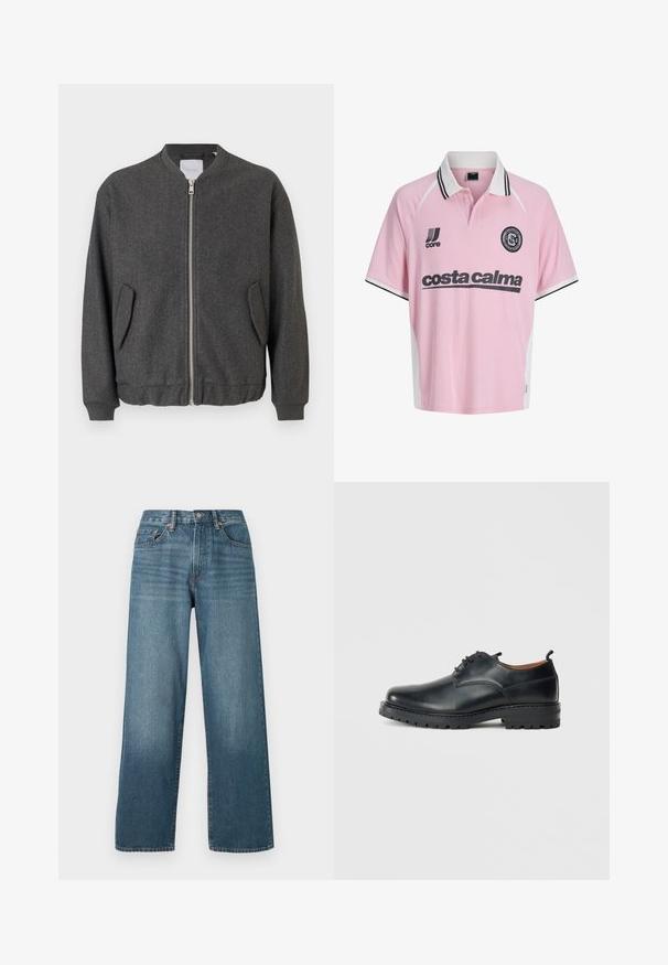 Grijze bomberjack met een hoge kraag, een ritssluiting aan de voorkant en twee zijzakken. Gemaakt van een gestructureerde wolmix stof. Geribbelde manchetten en zoom.; Roze voetbalshirt met korte mouwen, witte kraag, zwarte biezen, ""costa calma""-tekst en clublogo op de borst.; Wijde donkerblauwe denim jeans met een knoopsluiting, riemlussen en een vervaagd textuur. Beschikt over vijf zakken en contrasterende stiksels.; Zwarte leren derby schoenen met een gladde textuur, ronde neus, vetersluiting en een dikke, robuuste rubberen zool.
