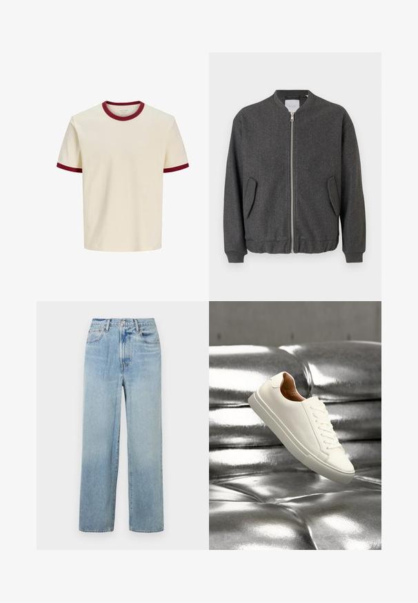 Γκρι bomber jacket με ψηλό γιακά, μπροστινό φερμουάρ και δύο πλαϊνές τσέπες. Φτιαγμένο από υφασμάτινη μίξη με υφή. Ριμπέτες στους μανσέτες και στο στρίφωμα.; Κρεμ κοντομάνικη μπλούζα με σκουροκόκκινη επένδυση στη λαιμόκοψη και στα άκρα των μανικιών, εμφανιζόμενη σε απλό λευκό φόντο.; Ανοιχτό μπλε τζιν παντελόνι με ίσια γραμμή και ψηλή μέση, με πέντε τσέπες και διακριτική φθορά. Ακατέργαστο στρίφωμα και αντίθετες ραφές.; Λευκό χαμηλό παπούτσι που αιωρείται πάνω από μια γυαλιστερή ασημένια επιφάνεια από δερμάτινο ταφτά.