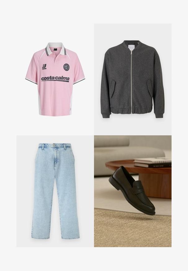 Γκρι bomber jacket με ψηλό γιακά, μπροστινό φερμουάρ και δύο πλαϊνές τσέπες. Φτιαγμένο από υφασμάτινη μίξη με υφή. Ριμπέτες στους μανσέτες και στο στρίφωμα.; Ροζ κοντομάνικη ποδοσφαιρική φανέλα με λευκό γιακά, μαύρες λεπτομέρειες, κείμενο «"costa calma"» και εμβλήματα της ομάδας στο στήθος.; Ανοιχτό μπλε τζιν παντελόνι με υψηλή μέση και ίσια γραμμή, με μπροστινές τσέπες, θηλιές για ζώνη, κουμπί και φερμουάρ.; Μαύρο δερμάτινο μοκασίνι εμφανίζεται να αιωρείται πάνω από μπεζ υφαντό χαλί, με ξύλινο τραπέζι και στοιβαγμένα βιβλία σε ένα απαλά φωτισμένο σαλόνι.