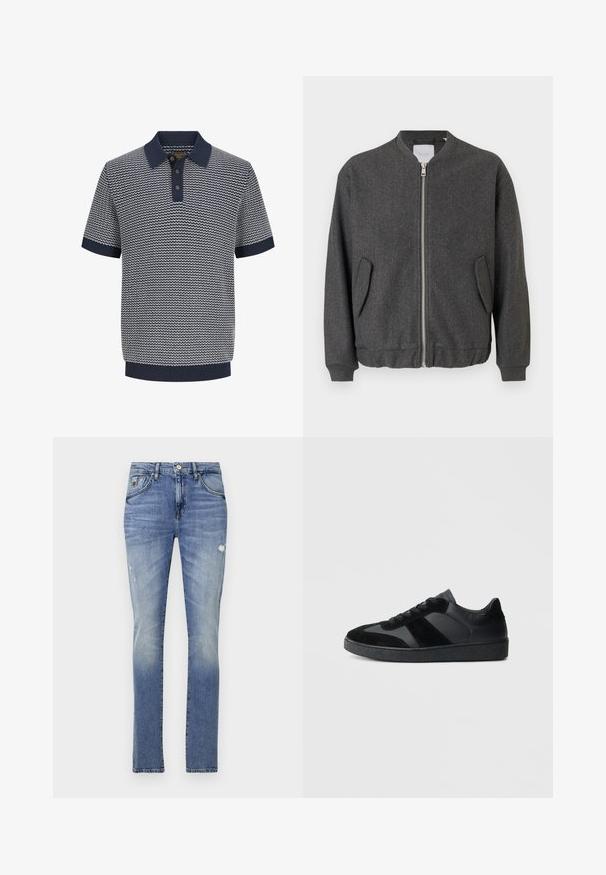 Veste bomber grise avec un col haut, fermeture éclair à l'avant et deux poches latérales. Fabriquée dans un tissu texturé en mélange de laine. Manches et ourlet côtelés.; Polo homme à manches courtes en maille bleu marine et blanche avec motif ondulé, patte de boutonnage à trois boutons, col, manches et ourlet côtelés.; Jean en denim bleu clair avec une coupe classique, présentant une finition délavée, une légère usure, des passants de ceinture, cinq poches et des accessoires en métal argenté.; Baskets noires combinant cuir lisse et daim, avec une semelle en caoutchouc noire texturée et un détail de rayures discrètes.