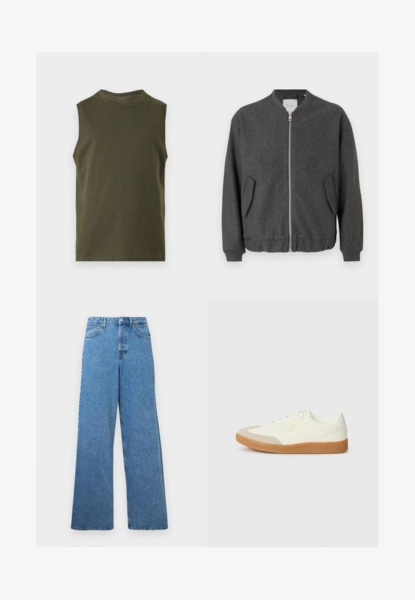 Γκρι bomber jacket με ψηλό γιακά, μπροστινό φερμουάρ και δύο πλαϊνές τσέπες. Φτιαγμένο από υφασμάτινη μίξη με υφή. Ριμπέτες στους μανσέτες και στο στρίφωμα.; Αμάνικο τοπ ελιάς με στρογγυλή λαιμόκοψη και ίσια τελειώματα, παρουσιάζεται σε απλό φωτεινό φόντο.; Μπλε τζιν παντελόνι με ψηλή μέση και φαρδιά μπατζάκια, με κουμπιά μπροστά, φερμουάρ, θηλιές για ζώνη και τσέπες μπροστά και πίσω.; Αθλητικά παπούτσια από λευκό δέρμα με μπεζ κάλυμμα δαχτύλων και ανοιχτό καφέ καουτσούκ σόλα. Έχουν επίπεδες λευκές κορδόνες και ανάγλυφο λογότυπο στο πλάι.