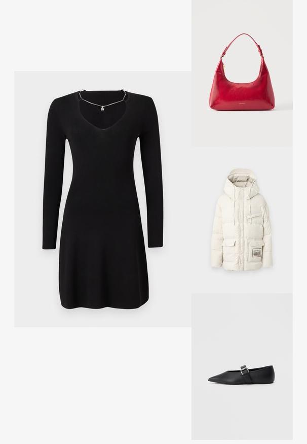 Replay JACKET - Zimný kabát - winter white; Čierne dlhé šaty s dlhým rukávom vyrobené z rebrovej látky, s hlbokým výstrihom do V a jemne rozšíreným lemom. Obsahuje detail strieborného náhrdelníka.; Čierna kožená balerína s špicatou špičkou a bočným prackovým remienkom. Hladká textura, minimalistický dizajn, nízky profil. Vhodné na bežné nosenie.; Červená kožená kabelka na rameno so zlatým zipsom a nastaviteľným remienkom, logo Calvin Klein v strede vpredu.