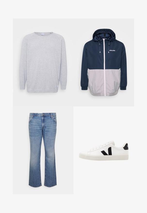 Marineblå og grå vindjakke med hætte, frontlynlås, elastiske manchetter og snoretræk. Har logo på brystet. Glat tekstur.; Lys grå sweater med lange ærmer, rund halsudskæring og struktureret strik. Har et diskret spættet mønster og et lille mærke ved kanten.; Jack & Jones JJIMIKE JJORIGINAL - Jeans Relaxed Fit - blue denim; Hvide lædersneakers med sorte ruskindsdetaljer; har en gummisål, rund tå og klassisk snørebåndsdesign. Side logo i sort.