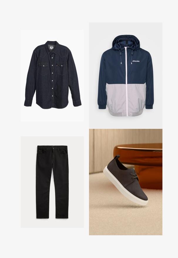 Tumesinine ja hall tuuleveekindel jakk kapuutsiga, ees lukk, elastsed mansetid ja nööridetailid. Rinnaosal logo. Sile tekstuur.; Tume denimis pikkade varrukatega särk terava kraega, kahe rinnataskuga, valgete nuppudega ja kontrastse kollase õmblusega. Sujuv ja vastupidav kangas.; Mustadest denimist püksidest, millel on sirge lõikega vars, viie tasku disain ja peen tekstuur. Metallist nupp ja tõmblukk.; Tumehallidest sametjalamist vabaaja kingad, millel on valge talla ja mis ripuvad beežkarva vaiba kohal, taustal pruun läbipaistev modernne laud.
