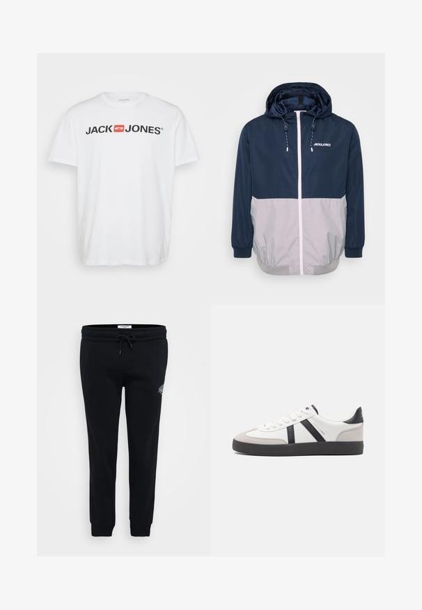 Marineblå og grå vindjakke med hætte, frontlynlås, elastiske manchetter og snoretræk. Har logo på brystet. Glat tekstur.; Hvid bomulds T-shirt med "JACK & JONES" logo i sort med en rød rektangulær accent. Korte ærmer og rund hals. Glat tekstur.; Sorte sweatpants lavet af blødt stof, med elastisk talje, snor, sidelommer og en lille logo detalje på hoften.; Hvide sneakers med sorte og grå detaljer, med en tekstureret grå tåhætte, sort gummisål og flade hvide snørebånd. Rent design, minimalistisk stil.
