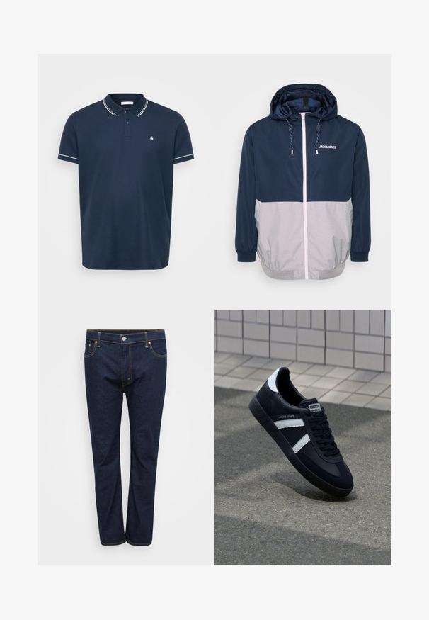Veste coupe-vent marine et grise avec capuche, fermeture éclair avant, poignets élastiques et détails à cordon de serrage. Présence d'un logo sur la poitrine. Texture lisse.; Polo shirt bleu marine en tissu texturé, avec un col classique, trois boutons et des finitions blanches sur les manches et le col. Petit logo sur la poitrine.; Jean en denim bleu foncé à jambe droite, avec des coutures visibles en jaune contrasté, cinq poches et une fermeture à bouton à l'avant.; Sneaker en cuir noir avec des rayures blanches, semelle en caoutchouc texturée et devant à lacets. Présente une étiquette de marque sur la languette.