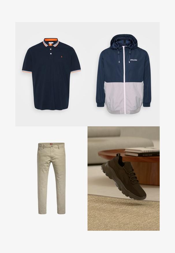 Marineblå og grå vindjakke med hætte, frontlynlås, elastiske manchetter og snoretræk. Har logo på brystet. Glat tekstur.; Marineblå polo T-shirt i bomuld med krave, der har orange og grå striber, tre-knaps knaplukning og lille broderet logo på brystet.; Beige chinos med lige ben-design, lavet af bomuld. Har en knaplukning og to sidelommer, med en subtil tekstur.; Sort strikket atletiksneaker med tyk sål er vist oven på et beige tæppe, med et sofabord i træ og bøger i baggrunden.