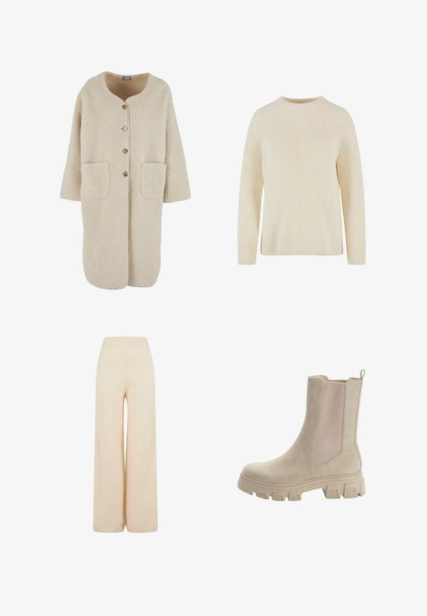 Beige faux bontjas met een ronde halslijn, sluiting met knopen aan de voorkant, korte mouwen en twee zakken. Zachte textuur en losse pasvorm.; Crème ribgebreide trui met ronde halslijn, lange mouwen en een ontspannen pasvorm. Heeft een gestructureerde stof overal.; Crème-kleurige wijde broek gemaakt van zachte stof, met een elastische tailleband en een getextureerde ribgebreide afwerking bij de manchetten.; Beige Chelsea boots met een glad leren bovenwerk en elastische zijpanelen. Dikke, robuuste rubberen zool met een kenmerkend profiel en een aantrekstrip.