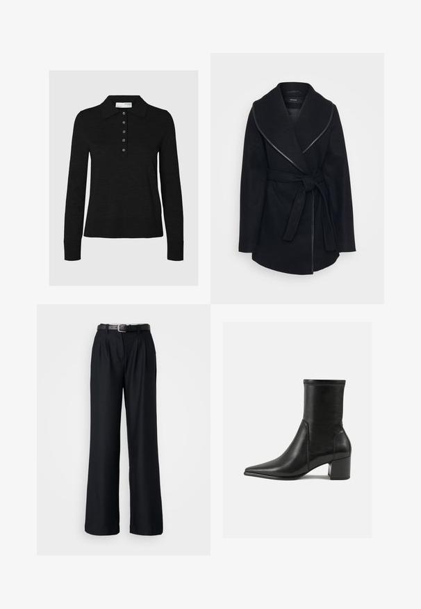 Manteau noir enroulé avec un large col, taille ceinturée et accent de fermeture éclair visible. Fabriqué en tissu doux et texturé avec un design ajusté.; Polo noir à manches longues en tissu doux, avec un col et une patte de boutonnage à six boutons. Les bords sont soigneusement finis.; Pantalons larges noirs en tissu lisse, dotés de plis devant et d'une ceinture noire assortie avec une boucle en argent.; Bottine noire en cuir lisse, avec un bout pointu, un talon carré et des coutures surélevées distinctes au bord supérieur.