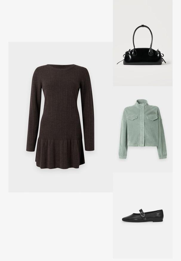 Mintgroene corduroy jas met een hoge kraag, ritssluiting aan de voorkant en twee borstzakken. Voorzien van elastische manchetten en een licht kortere snit.; Geribbeld bruin jurk met lange mouwen, voorzien van een uitlopende zoom. Gemaakt van een zachte, gestructureerde stof, die een getailleerde look biedt.; Zwarte leren platte schoen met een ronde neus, een enkele verstelbare gespsluiting en een gladde, glanzende textuur. Minimalistisch ontwerp met een lage hak.; Kleine zwarte glanzende handtas met twee lange hengsels en zijkant trekkoord details op een effen lichte achtergrond.