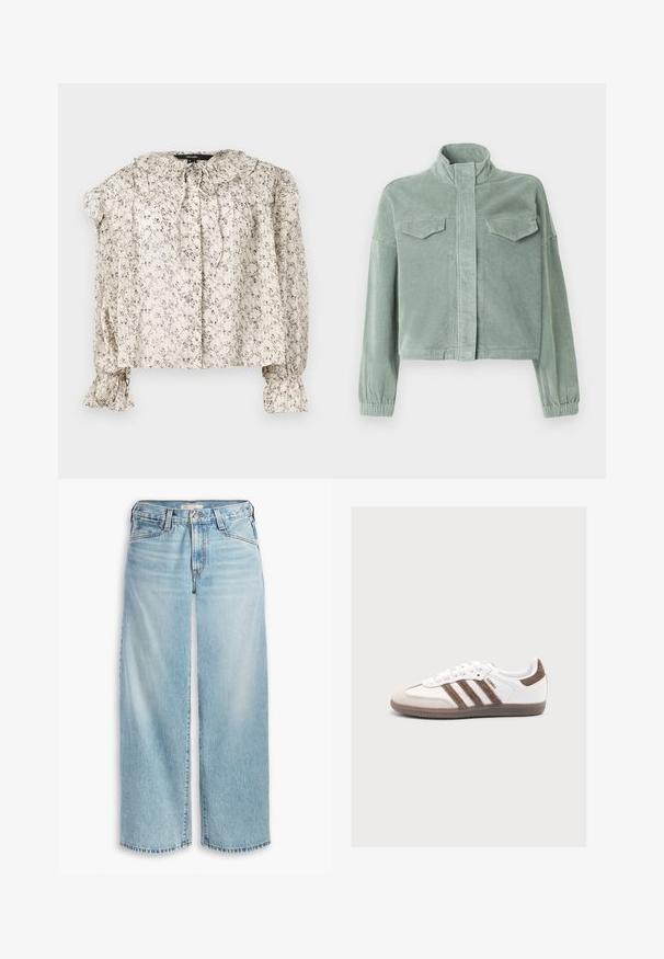 Mintgrøn kordfløjl jakke med høj krave, lynlås foran og to brystlommer. Har elastiske manchetter og et let cropped design.; Lette, cremeklædte bluse med små blomstertryk. Har en rynket krave, bindebånd og sammensynede ærmer med vide manchetter. Fem knapper.; Lys blå brede jeans lavet af denim, med høj talje, knaplukning og frynsede kanter. Synlig syning og lommer.; Hvid Adidas Samba sneaker med brune ruskindstriber, brun hælflap, beige tåhætte og gennemsigtig gummisål, vist fra siden.
