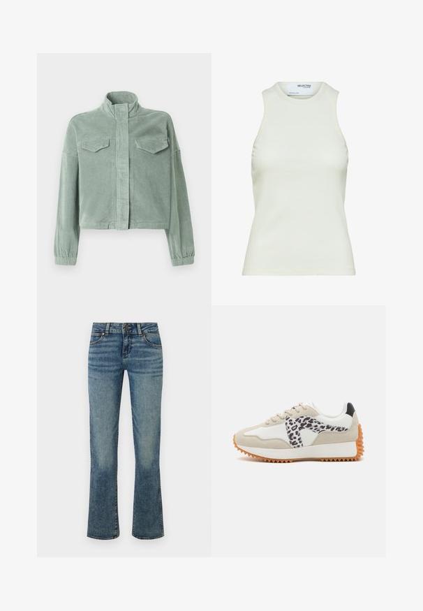 Mintgrøn kordfløjl jakke med høj krave, lynlås foran og to brystlommer. Har elastiske manchetter og et let cropped design.; Ærmeløs hvid ribbet tanktop med rund halsudskæring fra Selected Femme, viser frontvisning uden mønstre eller dekorationer.; Blå denim jeans med mellemhøj talje, knaplukning, forlommer og let udvidede ben med falmede detaljer.; Beige og hvid sneaker med et leopardtryk-panel, tekstureret ruskind og gummisål med riller for greb. Snørebånd og polstret krave inkluderet.