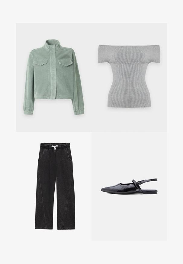 Chaqueta de pana verde menta con cuello alto, cierre frontal de cremallera y dos bolsillos en el pecho. Cuenta con puños elásticos y un diseño ligeramente corto.; Top de punto acanalado de manga corta con escote de hombros descubiertos en gris claro, con cintura ceñida y dobladillo recto.; Pantalones anchos y negros hechos de una tela texturizada. Presentan una cinturilla elástica con un cordón blanco y bolsillos frontales con costuras diagonales.; Zapato plano de punta negra con tirante delgado sobre la parte superior y patrón de piel texturizada.