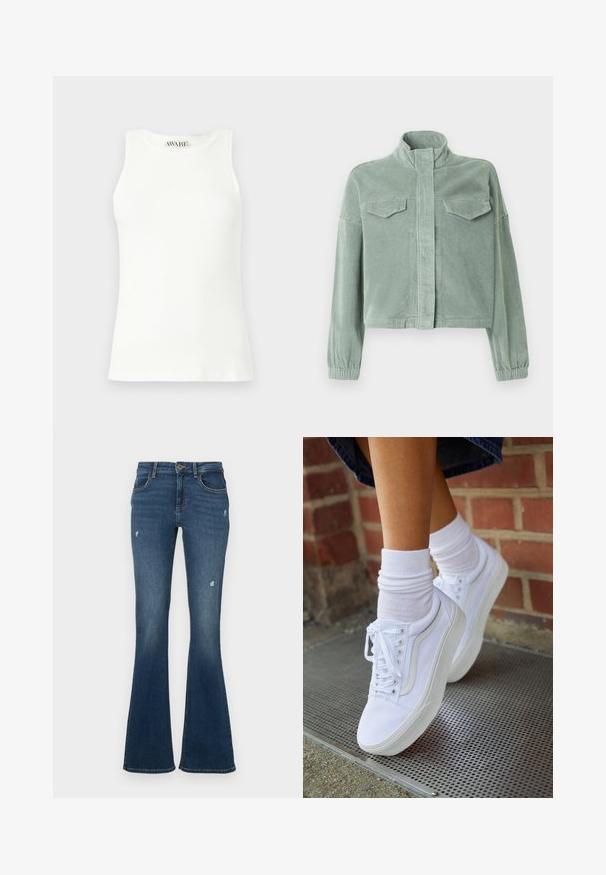 Veste en velours côtelé vert menthe avec col montant, fermeture éclair à l'avant et deux poches poitrine. Comprend des poignets élastiques et un design légèrement raccourci.; Débardeur blanc sans manches en tissu côtelé avec un col arrondi et une coupe ajustée. Texture lisse et logo de la marque discret au niveau du col.; Jean en denim évasé bleu foncé avec des patches usés. Comprend cinq poches et une fermeture éclair. Tissu de poids moyen avec une texture lisse.; Baskets en toile blanches avec semelles en caoutchouc, dotées de six œillets, d'un bout rond et de détails de couture légers, portées avec des chaussettes blanches mi-mollet.