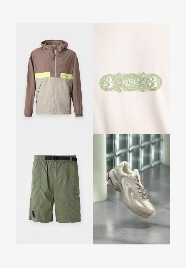 Chaqueta Columbia de color marrón claro y beige con capucha, cremallera completa en el frente, puños elásticos y una franja horizontal amarilla en el pecho y las mangas.; Diseño verde ornamentado con el número 3 a ambos lados y la palabra UNO en el centro sobre un fondo de tela blanca.; Pantalones cortos cargo de color verde oliva con cintura elástica y hebilla negra. Incluyen un bolsillo lateral y un tejido texturizado.; Zapatilla de deporte beige claro con un diseño elegante, superposiciones texturizadas, una suela acolchada y una sección translúcida en el lateral.