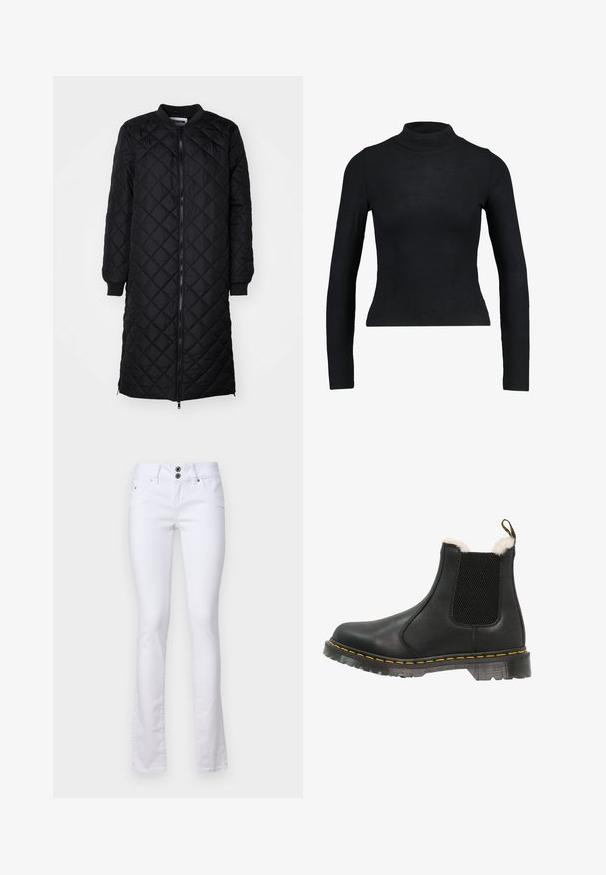 Sort quiltet lang frakke med lynlås, diamantmønster, ribbede manchetter og rund hals. Glat tekstur og tætsiddende silhuet.; Sort langærmet turtleneck top lavet af ribbet stof, med en tætsiddende design og slank silhuet. Ingen mønstre eller detaljer.; Hvide flagrende jeans lavet af bomuldsblandingsstof, med en to-knap lukning, frontlommer og subtile syninger.; Sort læder ankelstøvle med strukturerede sidepaneler, blødt hvidt faux pelsfor, gule syninger og en holdbar gummisål.