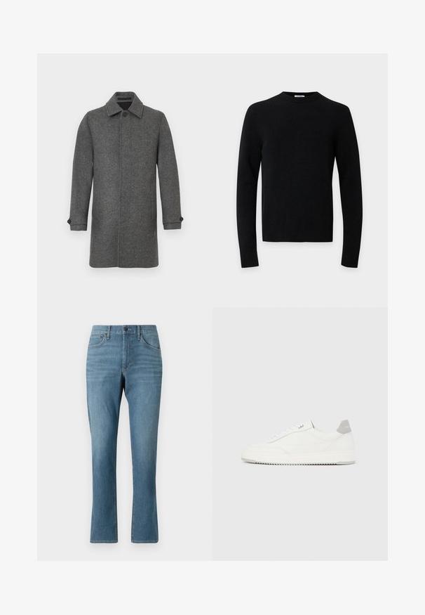 Manteau en laine grise avec patte de boutonnage, col pointu et manches longues. Comprend des boutons aux poignets et une silhouette droite.; Pull noir à manches longues avec col rond, ourlet et poignets côtelés sur un fond gris clair uni.; Jean en denim bleu clair avec une coupe droite, comprenant des poches avant et arrière, une fermeture éclair, et un léger délavage dans le tissu.; Baskets basses blanches avec un onglet de talon gris, des lacets blancs et une semelle texturée, présentées sur un fond uni clair.